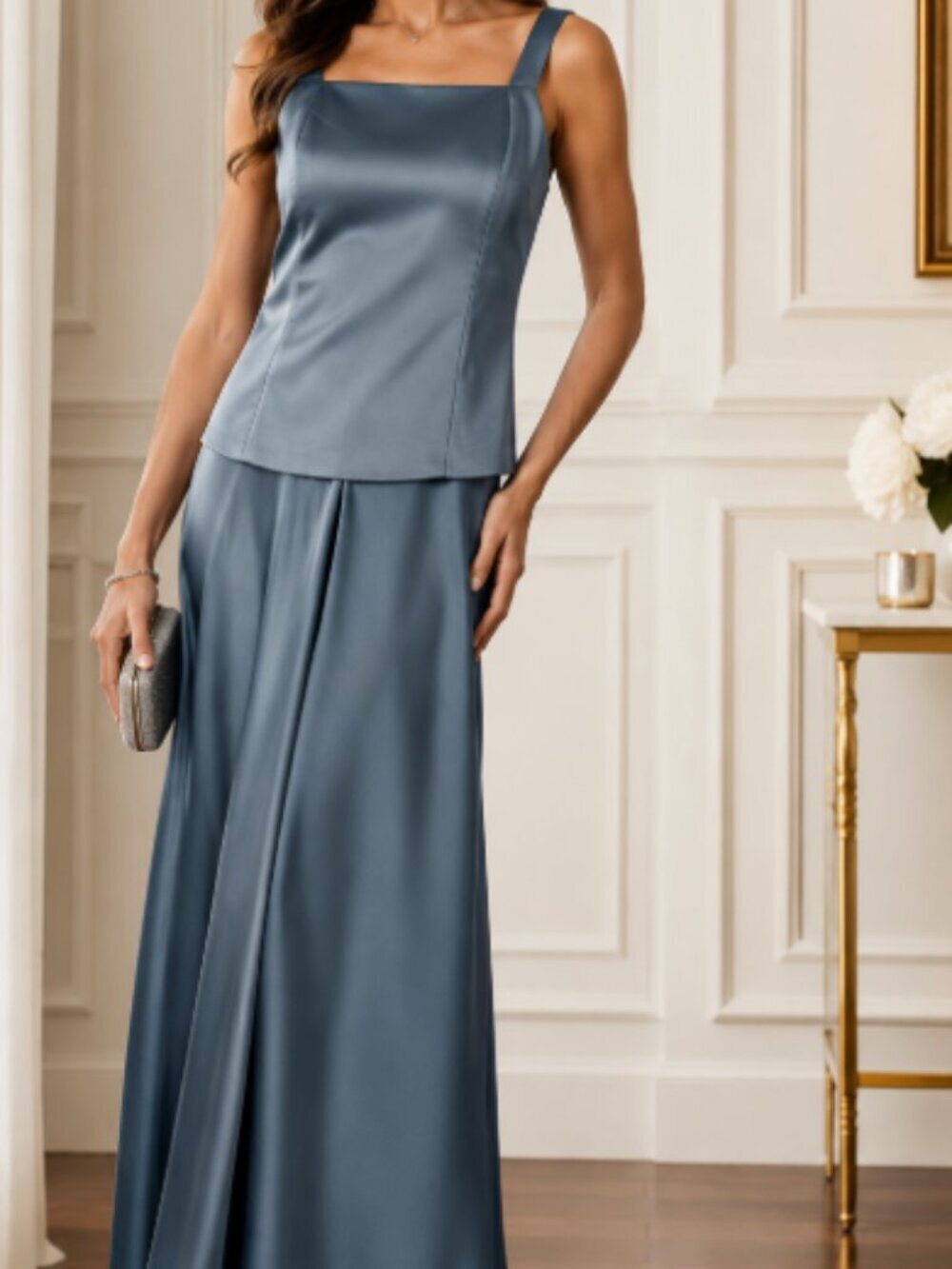 Vintage Heddy 2-PC Satin Top & Maxi Skirt Formal Event Party Dark Teal Size 6